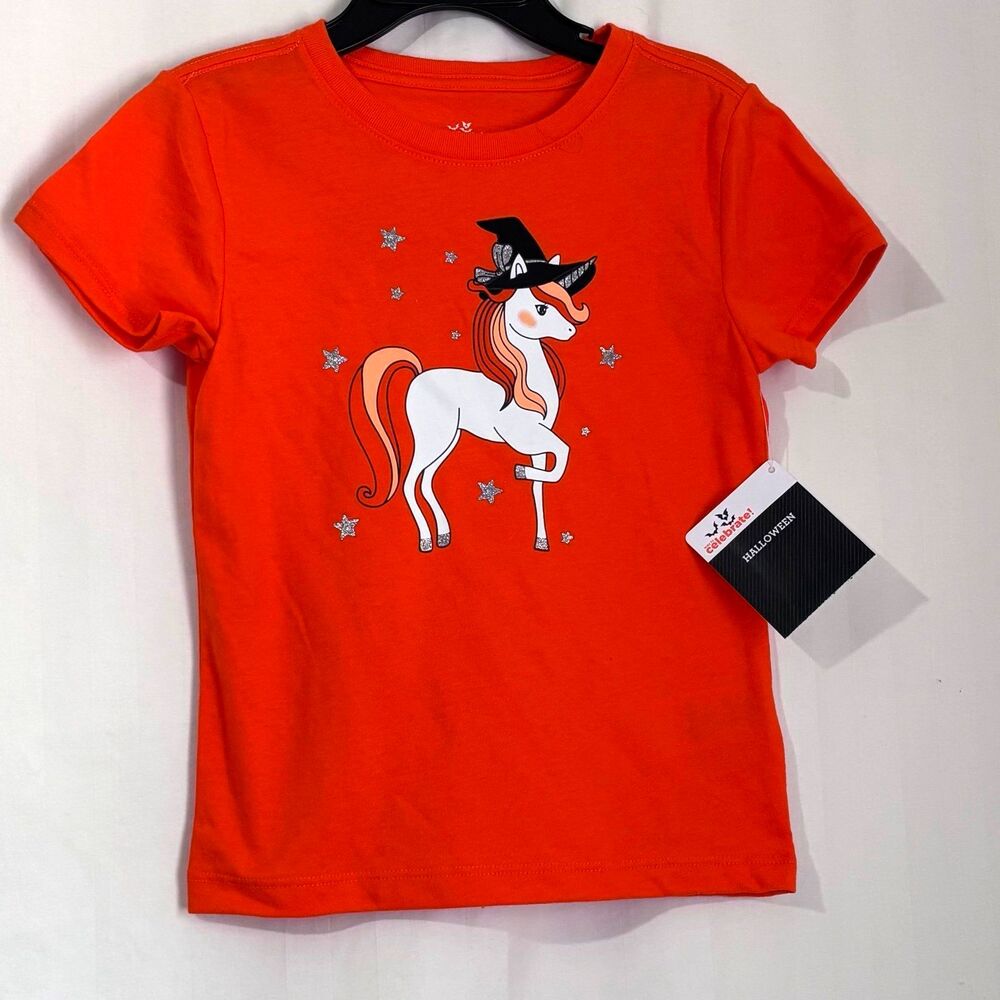 Way to Celebrate Girls Halloween Unicorn Shirt XS 4/5 Witch Hat NWT